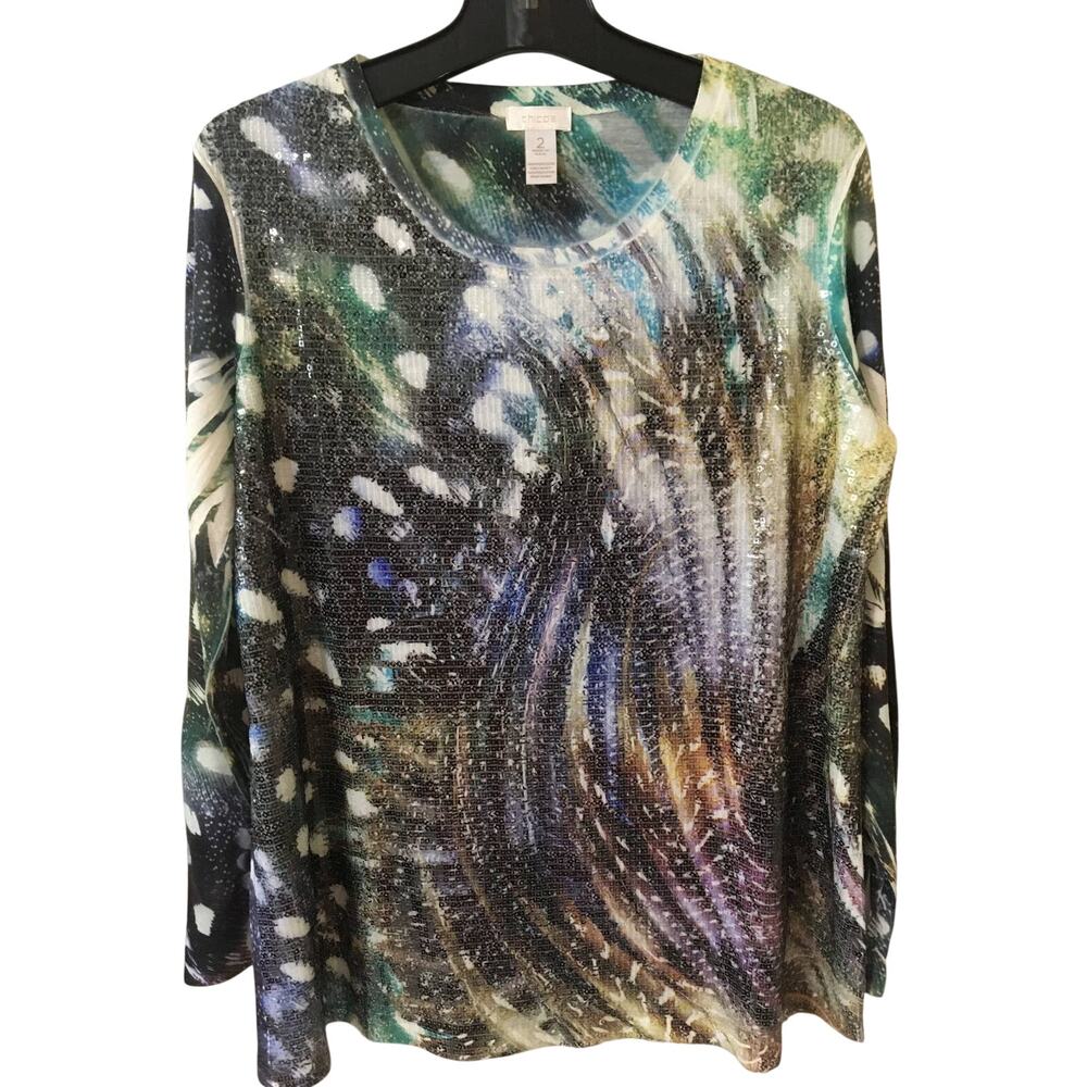 Chico's Sequence Front, Peacock Design Size 2 (12) Long sleeve, Scoop Neck Top